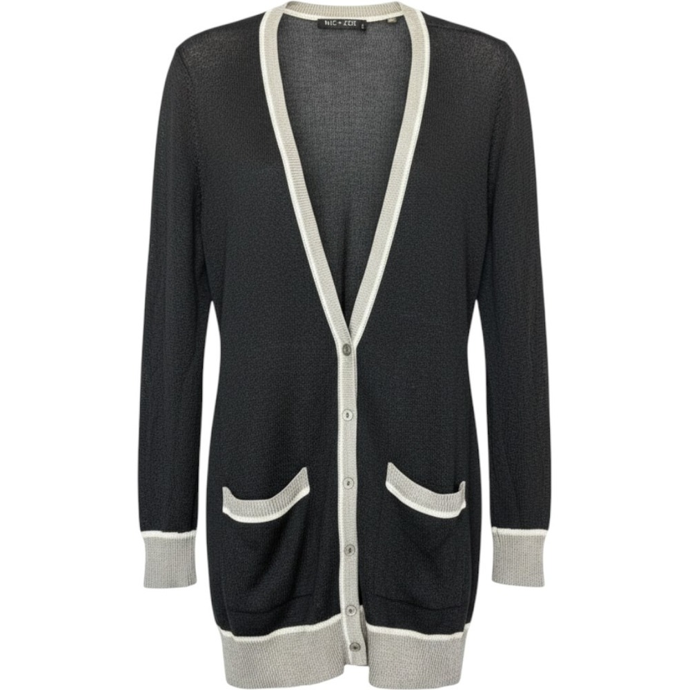 NIC + ZOE Cardigan Women Medium Black Metallic Knit Long Sleeve Shimmer Sheer